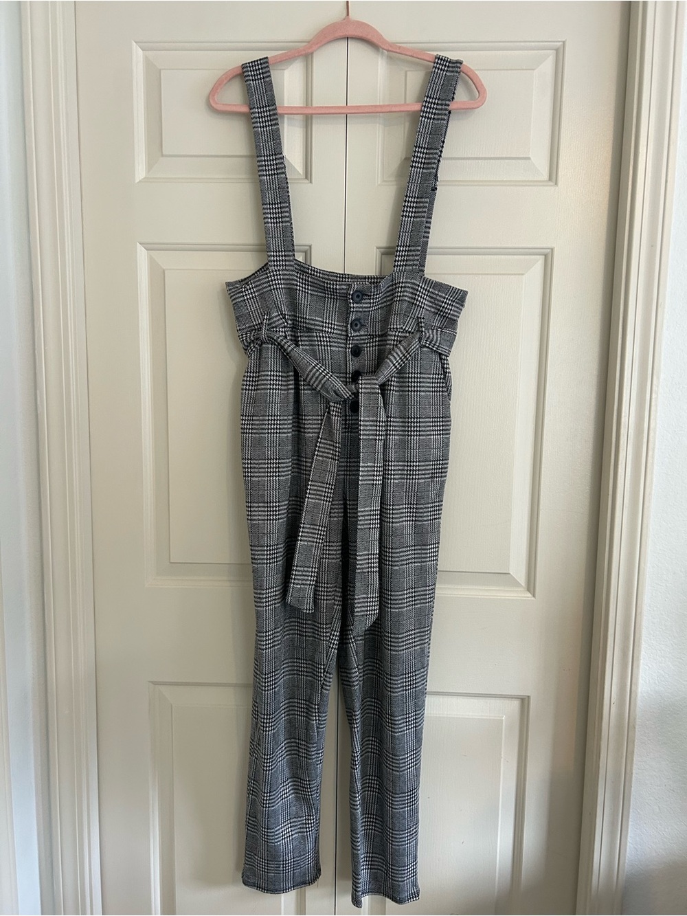 Haute Monde Gray Plaid Suspender Jumpsuit with Waist Tie Grunge, Size XL